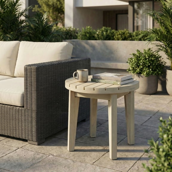 Christopher Knight Home 15.75" Acacia Wood Outdoor Round Side Table for Garden, Balcony, Light White