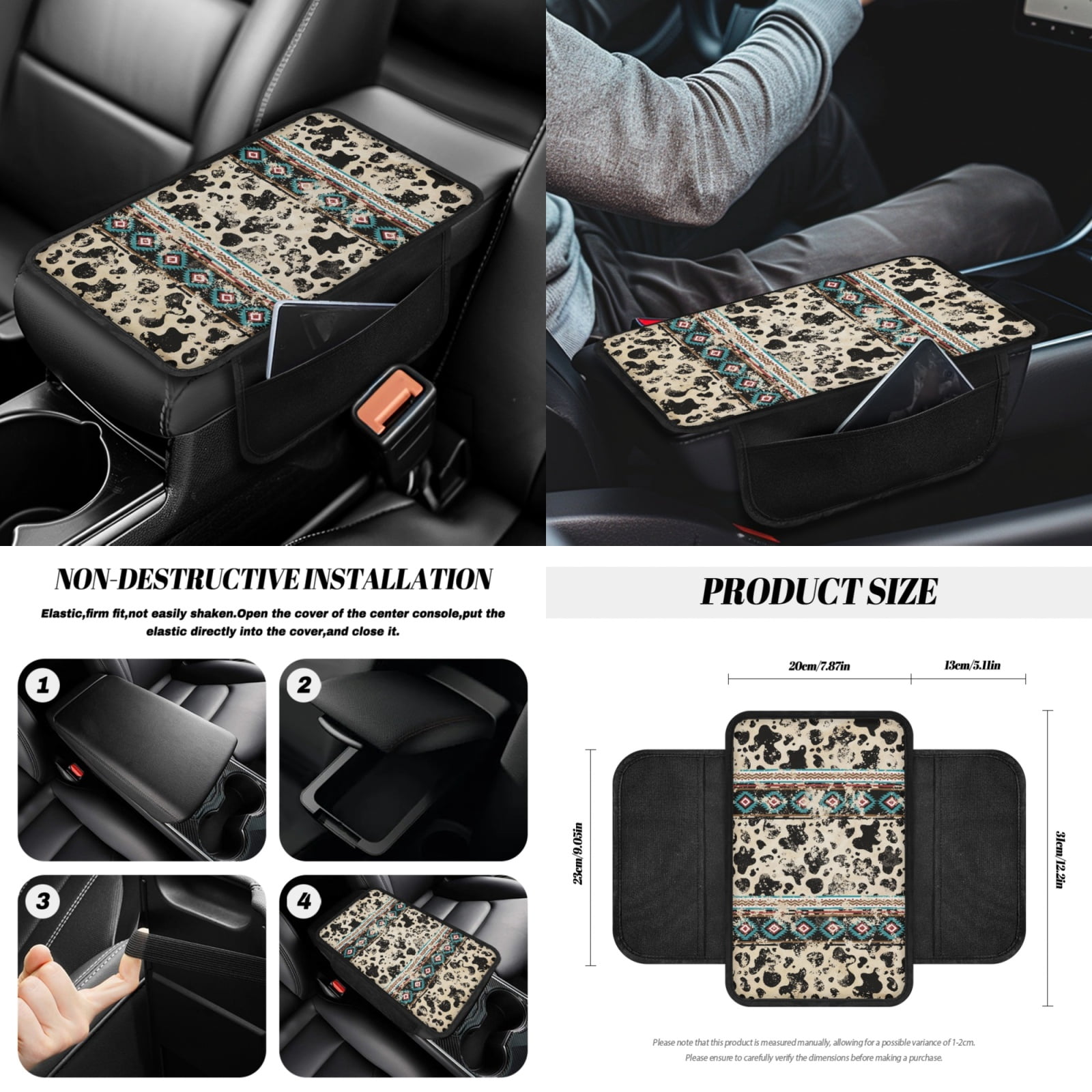 Renewold American Tribal Cow Print Car Front Back Seat Covers 14 PCS Set, with Steering Wheel Cover Seat Belt Pad Garbage Bin Armrest Cover Pad Rearview Mirror Cover Handbrake Cover Set Coasters