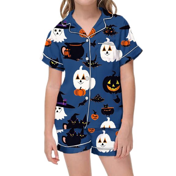 Shadoumai Satin Halloween Pajamas for Pants Button Down Pjs Graphic Print Button Down Short Sleeve & Short Pants Outfit Fashion Homewear Set Colouring Pajama Sets 2 Piece Satin Pajama Sets