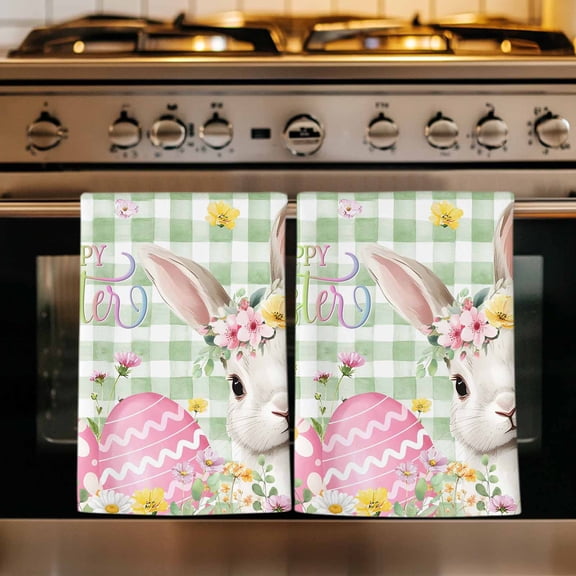 Sage Green Easter Kitchen Towels Set of 4, Spring Easter Bunny Eggs Floral Plaid Absorbent Dish Towels for Kitchen, Microfiber Hand Towel, Quick Drying Tea Towel for Cleaning Decorative Dishcloths