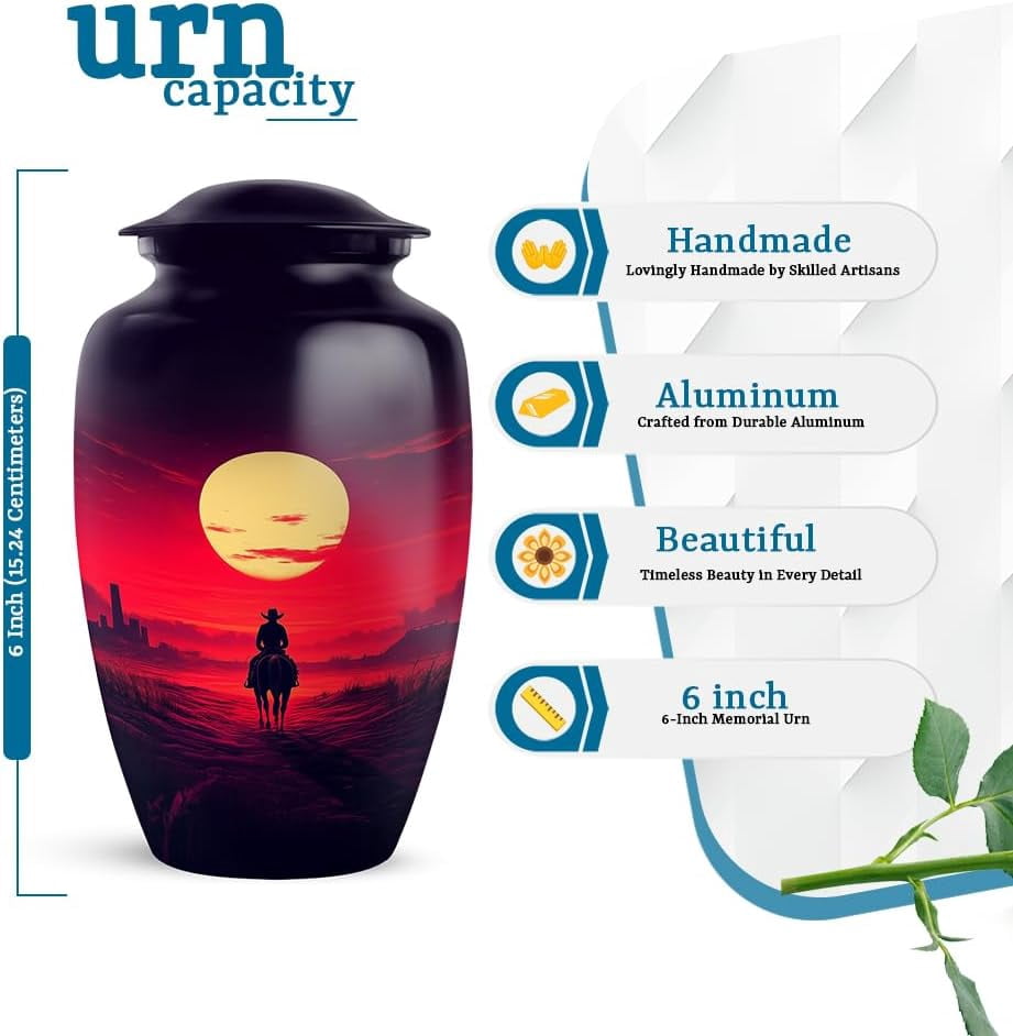 Cowboy Cremation Urn, Western Memorial Urns For Ashes Adult Male, Horseback Tribute Cremation Urn For Human Ash, Cremation Urns For Ashes Adult Female, Size 6 Inch 1pcs