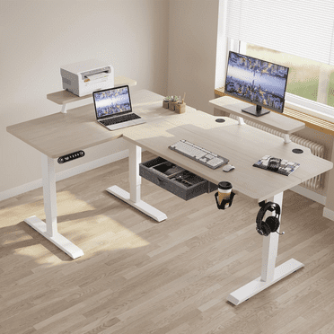 62x47 Inches L Shaped Electric Standing Desk with Drawer, Adjustable Height Sit Stand Up Desk with Storage Shelf,