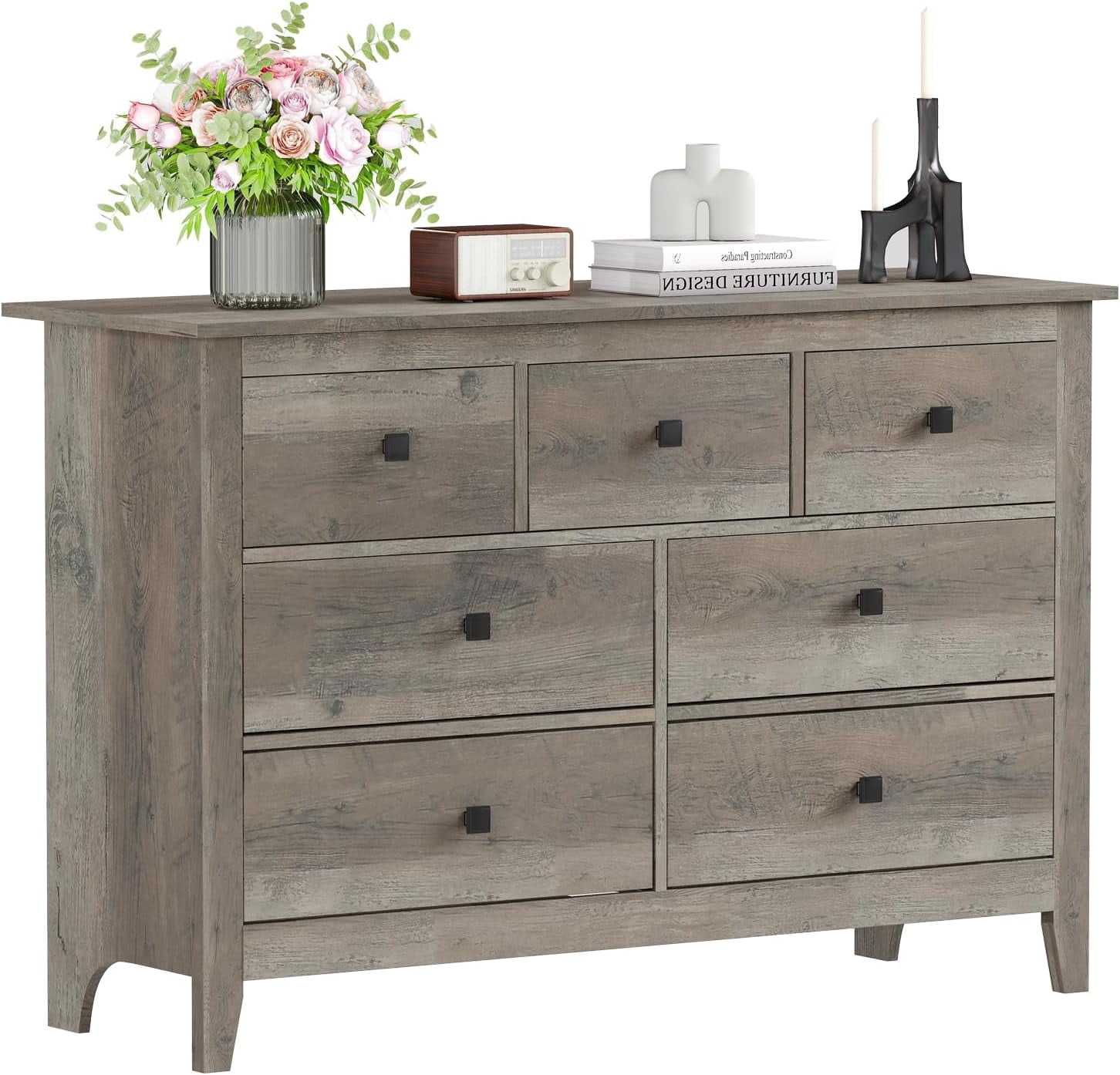 LAZZO 7-Drawer Dresser, Farmhouse Wooden Chest of Drawers for Bedroom Living Room and Hallway, Gray