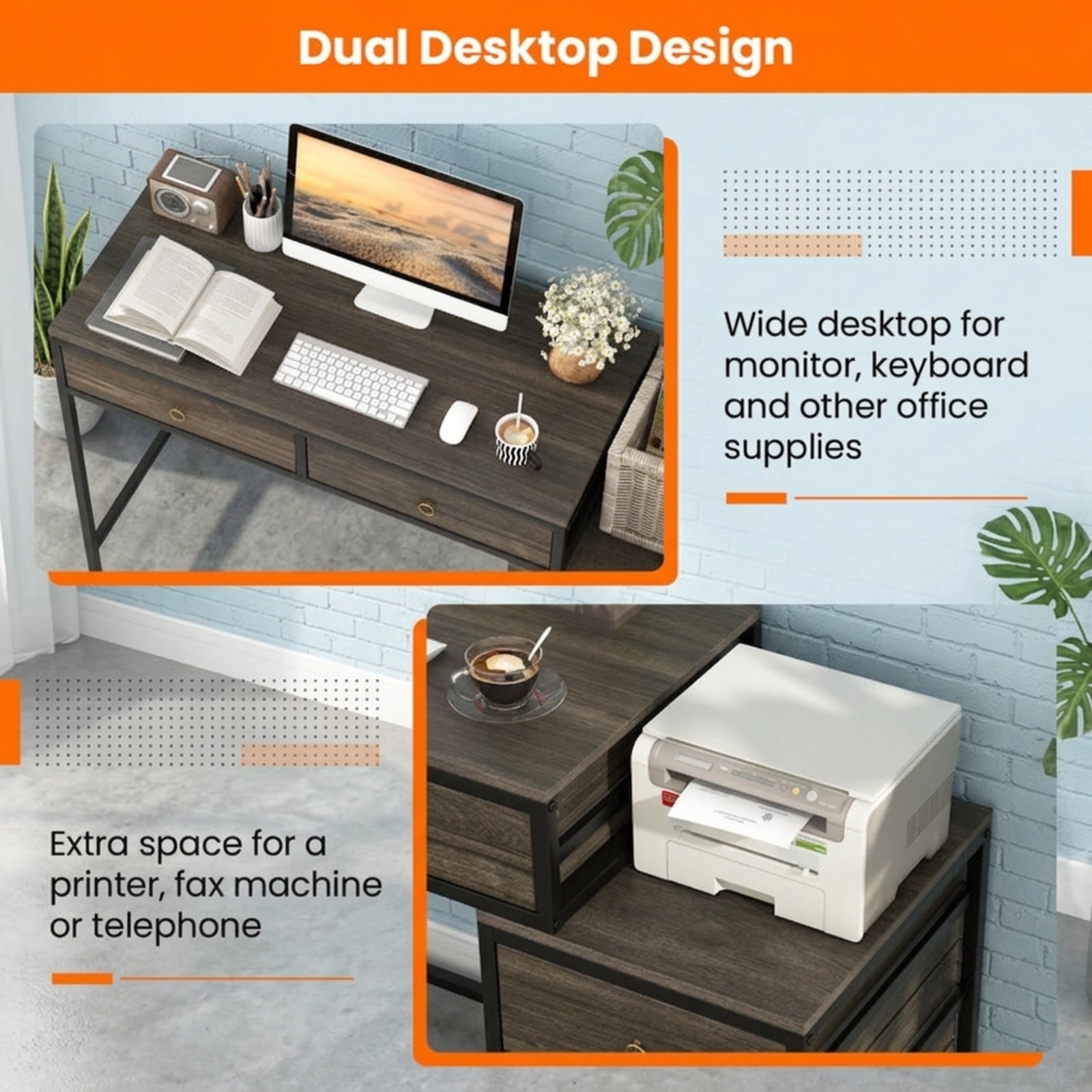 Furnibear Computer Desk with 5 Drawers, Home Office Desk with Side File Cabinet and Metal Frame for Study Writing Working, Grey