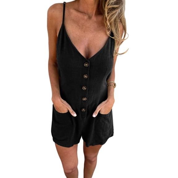 Women's Linen Sleeveless Pockets Overall Shorts Jumpsuit for Casual Beach Black S