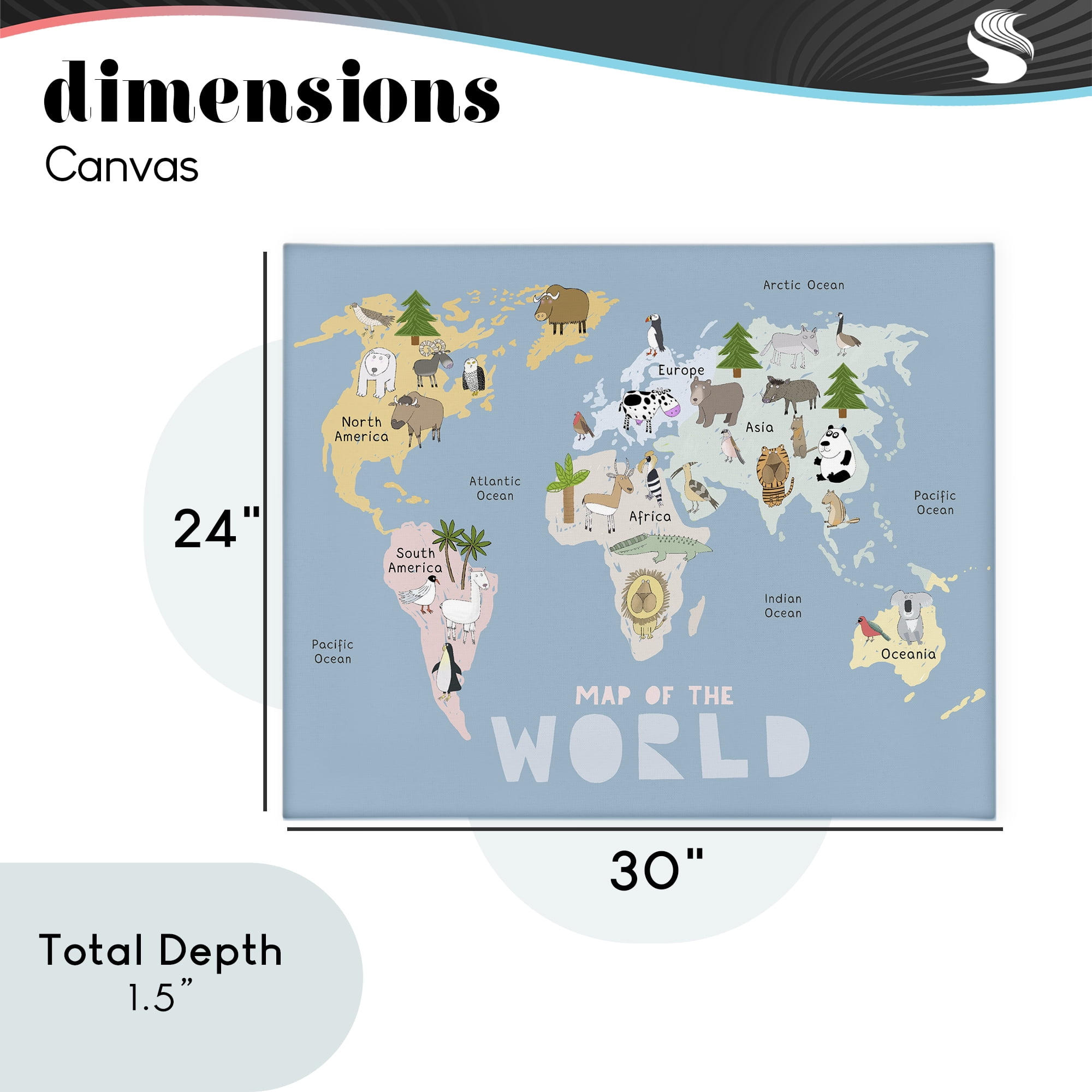 Kid's Map Of World Blue Canvas Wall Art, design by Carla Daly