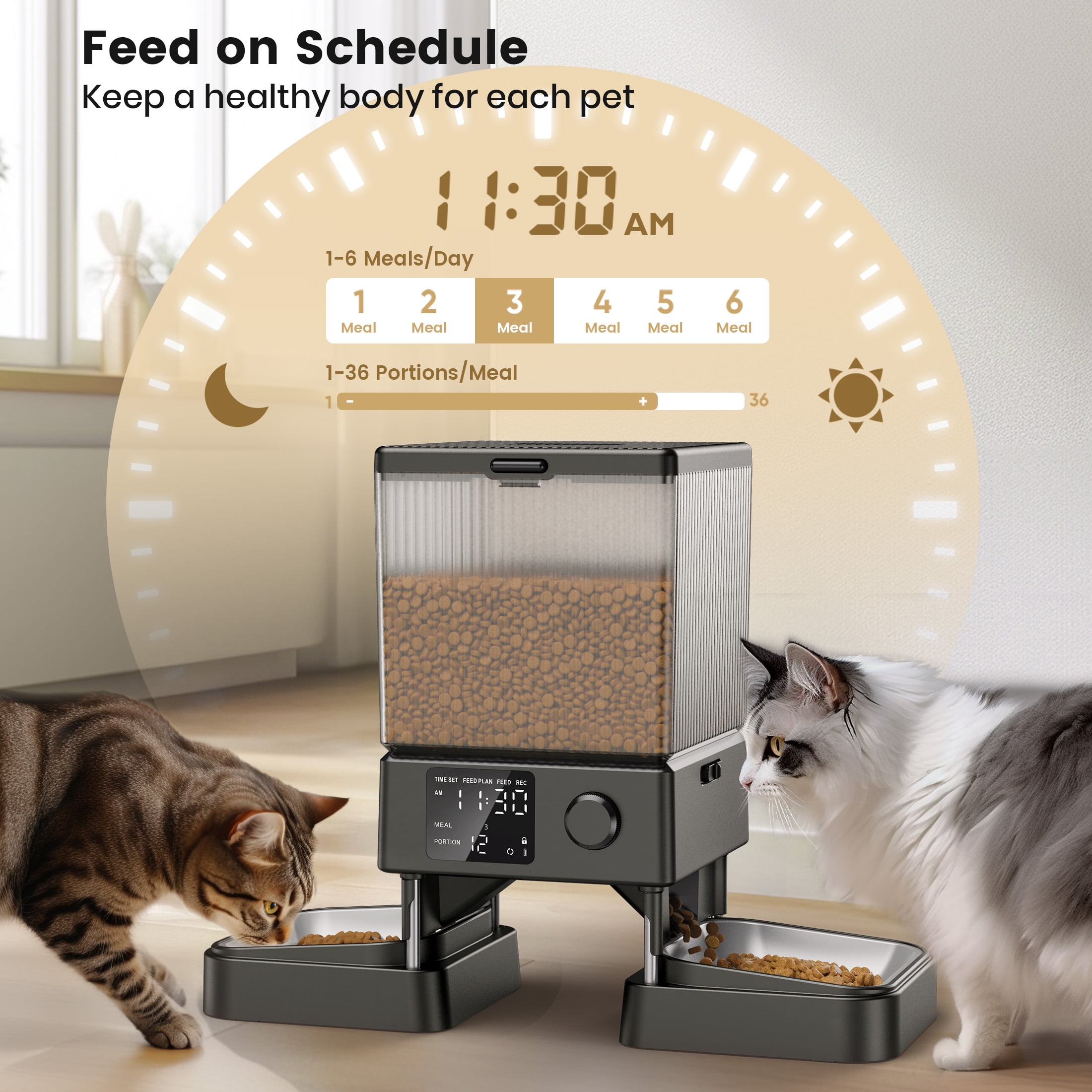 Oneisall 5L/20 Cups Automatic Cat Food Dispenser for 2 Cats/2 Small Dogs, PFD-002 Automatic Cat Feeder with 1 Desiccant Bag, Cat Feeders Automatic Cat Food, Timed Cat Feeder for Pet Dry Food - Black