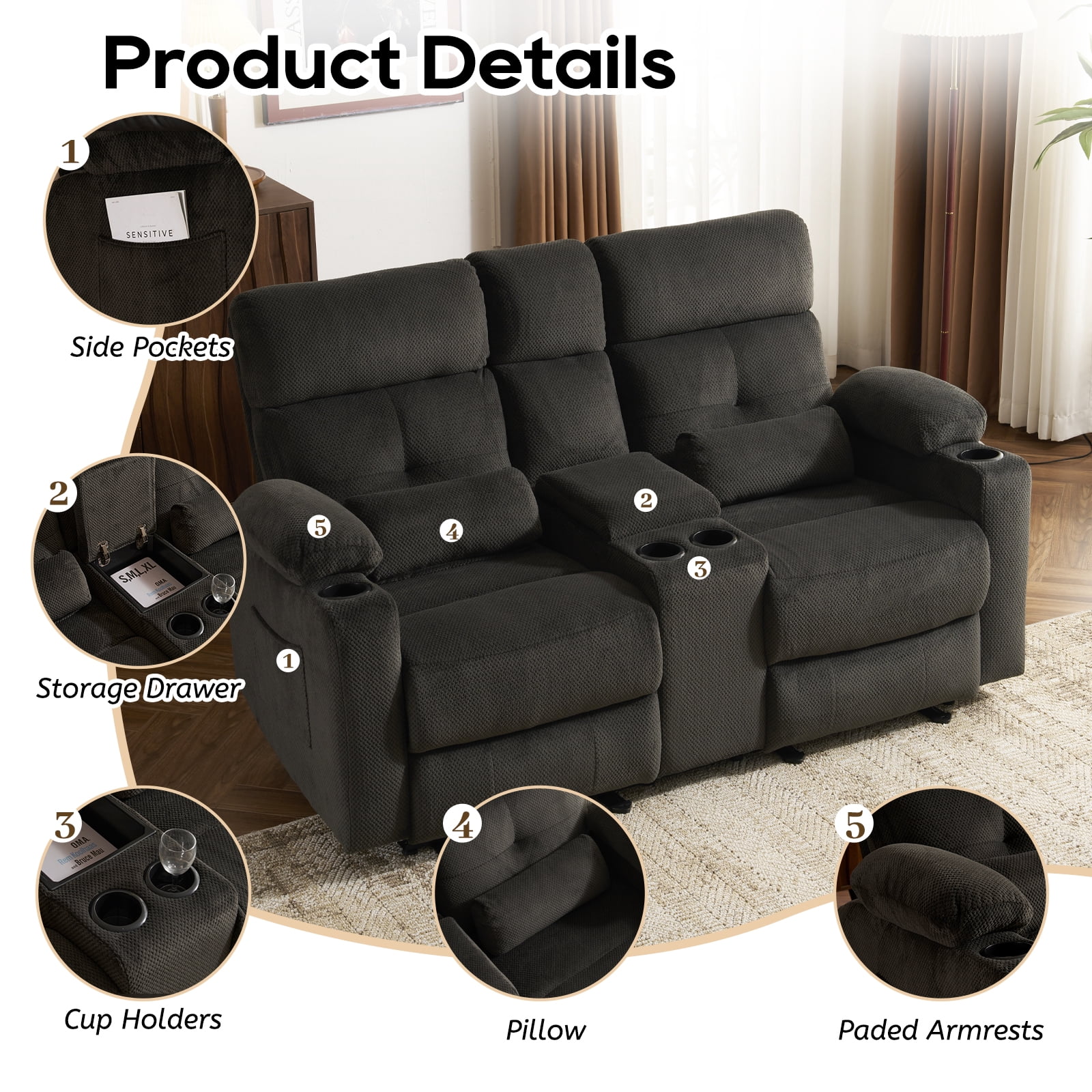PYOIER Reclining Loveseat Sofa With Massage & Heating, Grey