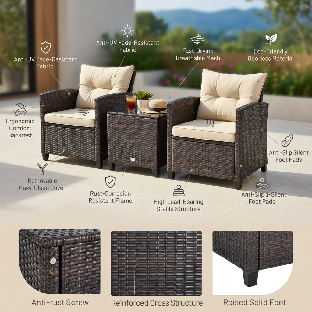 Hommoo 3-Piece Outdoor Rattan Patio Furniture Set with Cushions & Tempered Glass Coffee Table, Beige