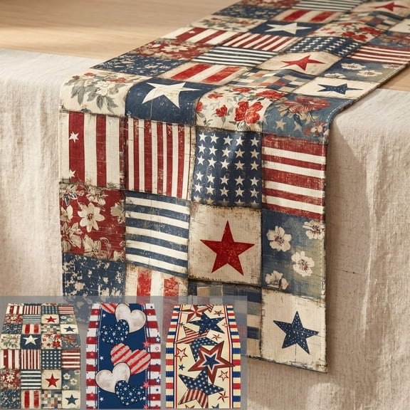 Ouuluon Table Runner 4th of July Decorations Patriotic Table Cover, Linen Table Decorative for Family Holiday Gathering Home Ornament