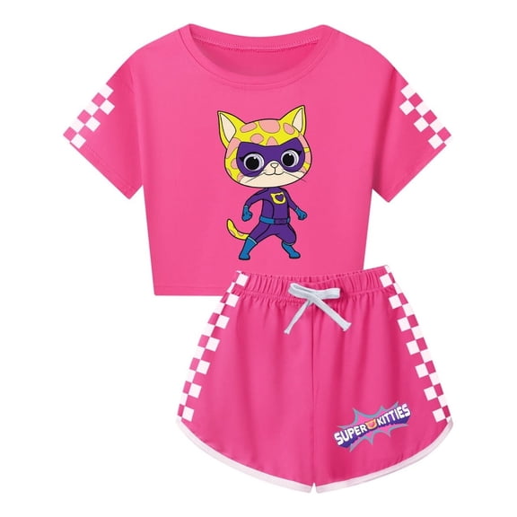 Super Kitties Kids Outfit – Girls Crop Tee and Drawstring Shorts – Lightweight Summer Clothes