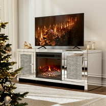 Mirrored Fireplace TV Stand, Mirrored TV Stand with Storage, Silver Electric Fireplace TV Stand with Crushed Diamond for Living Room, Bedroom