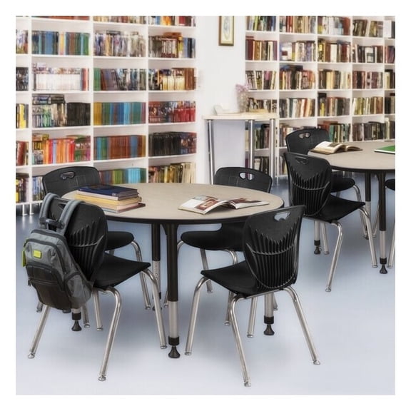 Regency Kee 48" Round Height Adjustable Classroom Table - Maple & 4 Andy 18-in Stack Chairs- Black