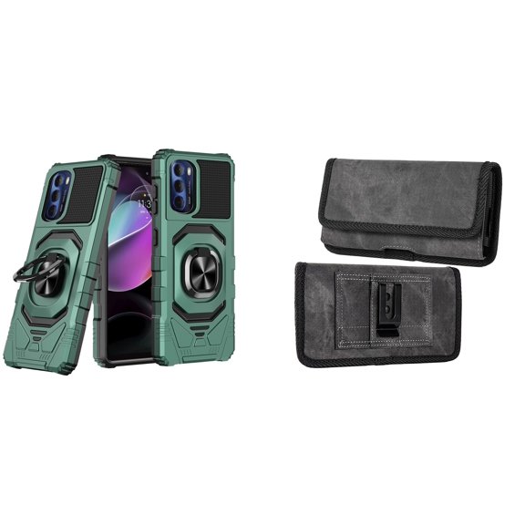 Case with Belt Holster Bundle for Moto G Stylus 5G 2022: Heavy Duty Shield Cover (Midnight Green) and Rugged Denim Nylon Phone Pouch (Grey)