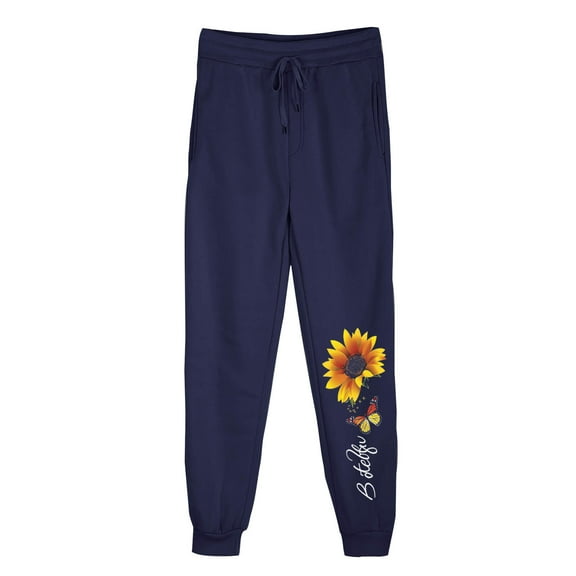 USNSM Women's Casual Pants Drawstring Elastic Waist Sunflower Printed Trousers Breathable Soft Sweatpants with Pockets Navy S