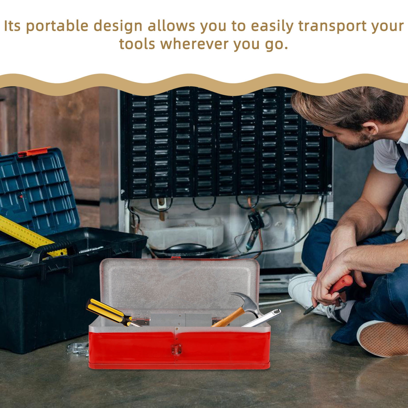 KALLORY Portable Red Metal Tool Box with Thickened Iron Material and Spacious Tool Storage