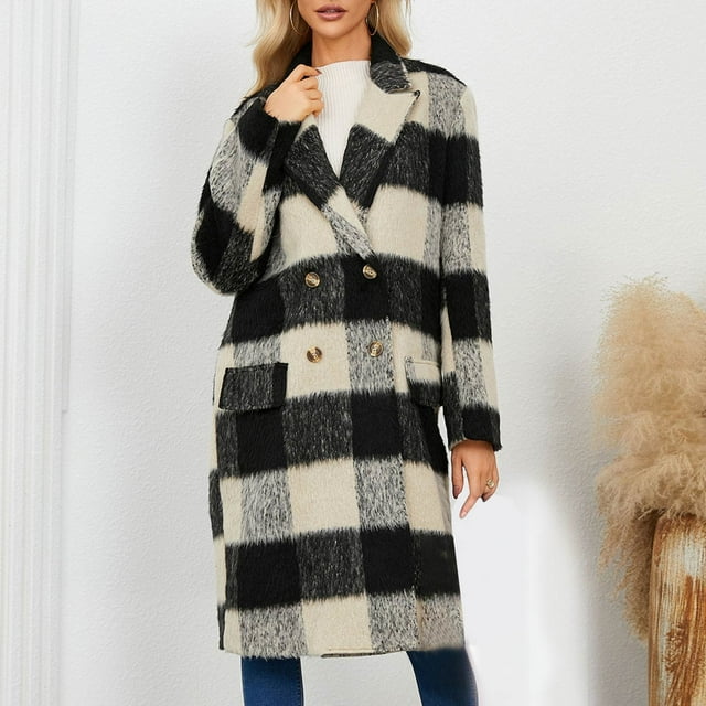 EGNMCR Manteau Décontracté à Manches Longues Sans Capuche & Vestes Mode Femme Automne Hiver Col Rabattu Manteau à Manches Longues Poches à Carreaux Manteau Femme
