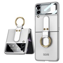 Dteck Case with Galaxy Z Flip 3 Case with Ring, Z Flip 3 Case with 9H Glass Camera Lens Protector, Leather Full Protective Shockproof Anti-Scratch Slim Cover for Z Flip 3 Case, Silver