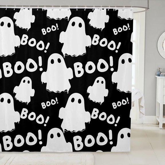 Halloween Ghost Shower Curtain Black And White Boo Pattern Waterproof Fabric Bathroom Decor with Hooks 71x71 inches