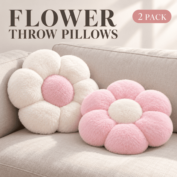OZERA 2 Pcs 15 Inch Daisy‑Shaped Throw Pillows, Faux Plush Pink White Flower Cushions, Decorative Floor Pillows for Couch, Bed, Bedroom Room Decor