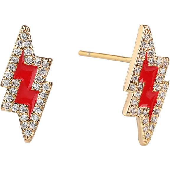 Gold Plated Red Enamel Lightning Bolt Stud Earrings, Micro Pave Cubic Zirconia, Giorgio Bergamo Red