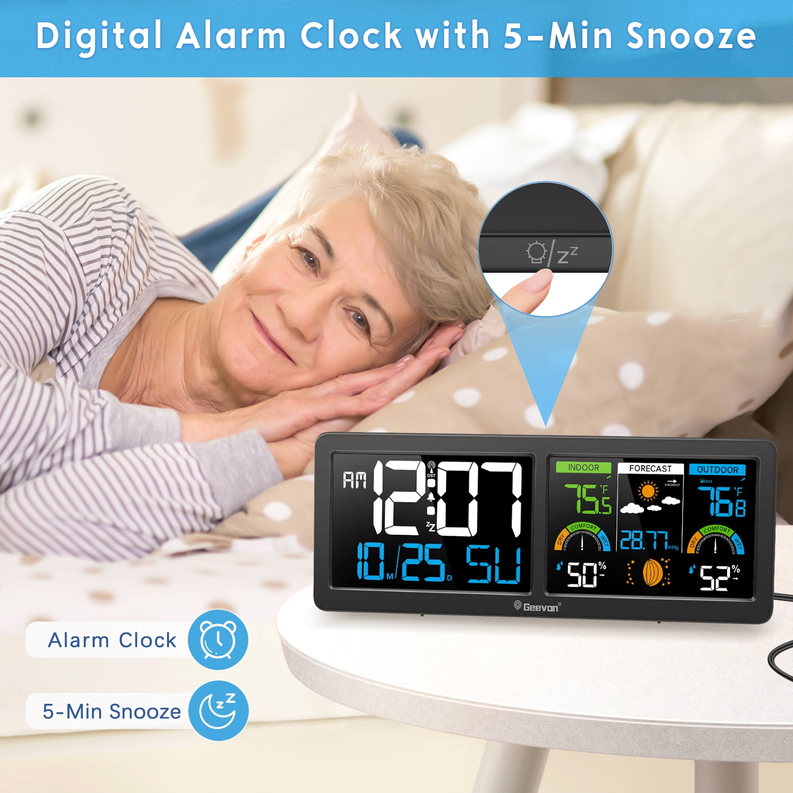 Geevon Weather Station Wireless Indoor Outdoor Thermometer with Atomic Clock, HD Color Display Digital Temperature Humidity Monitor with Barometer, Comfort Indicator, and Adjustable Backlight