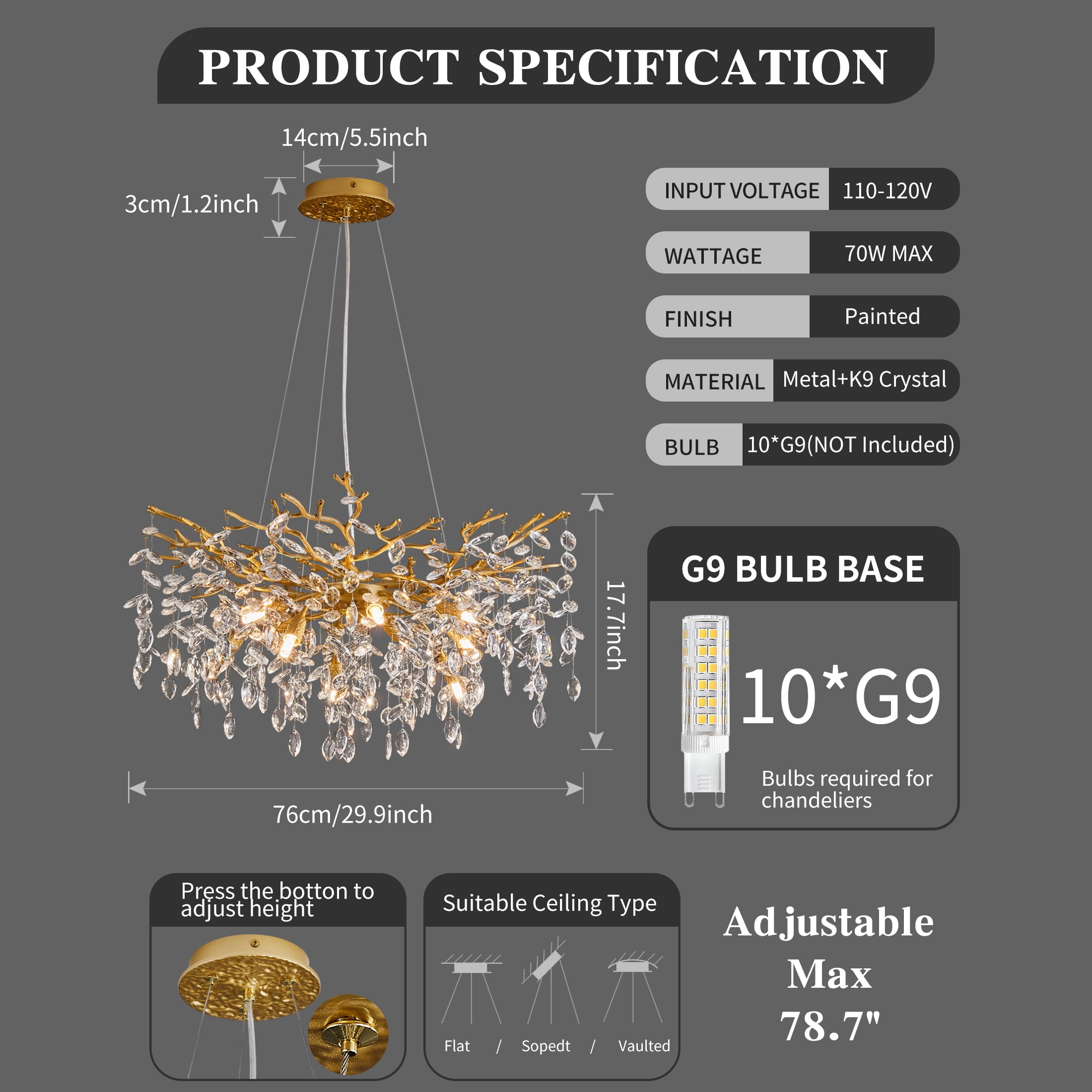 Modern Tree Branch Crystal Chandelier Luxury Gold Crystal Pendant Lighting 30" Contemporary 10-Light Chandeliers for Dining Room Kitchen Bedroom Living Room