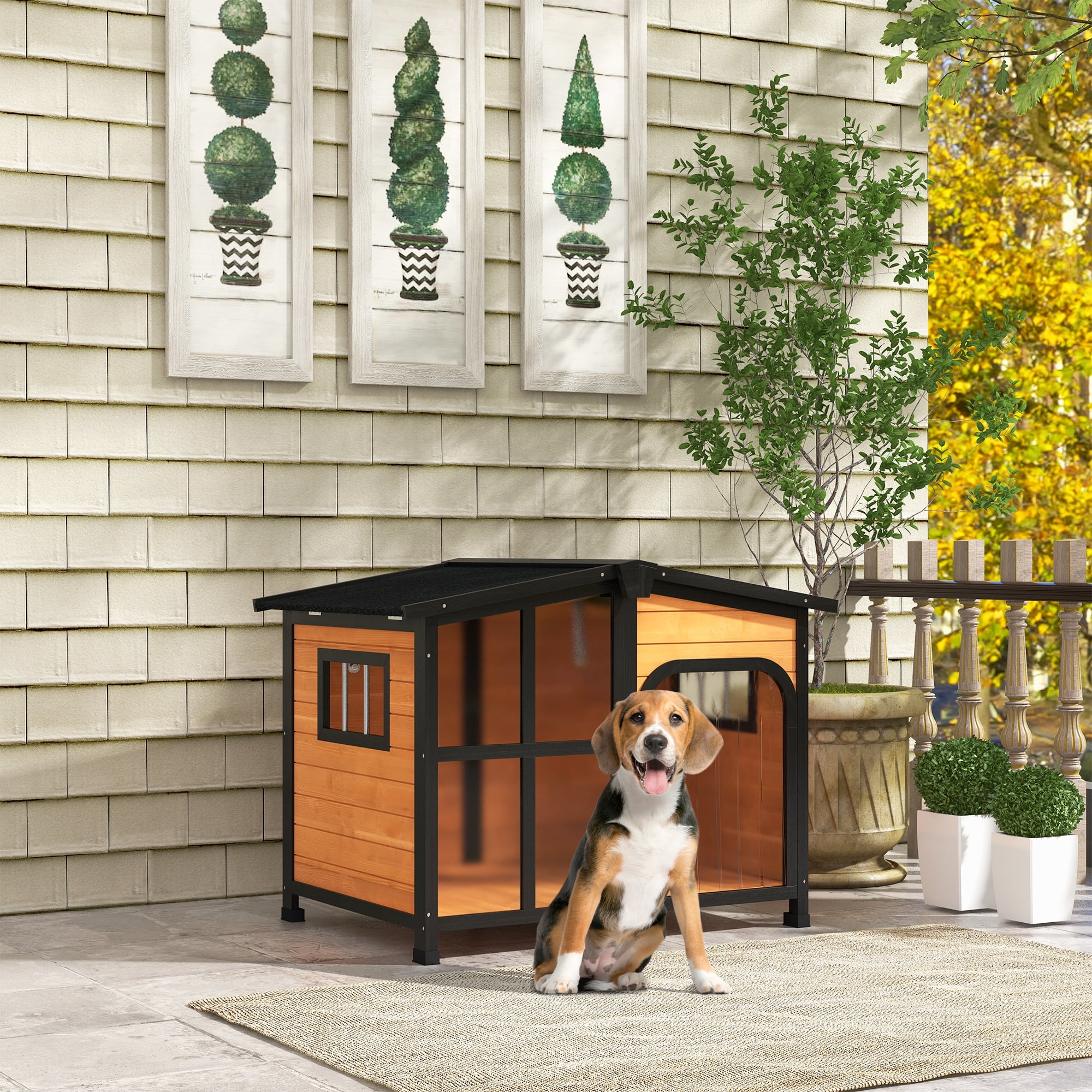 Outside Cabin-Style Wooden Dog House for Large Dogs with Openable Roof & Giant Window, Outdoor & Indoor Big Dog House, Asphalt Roof, Yellow