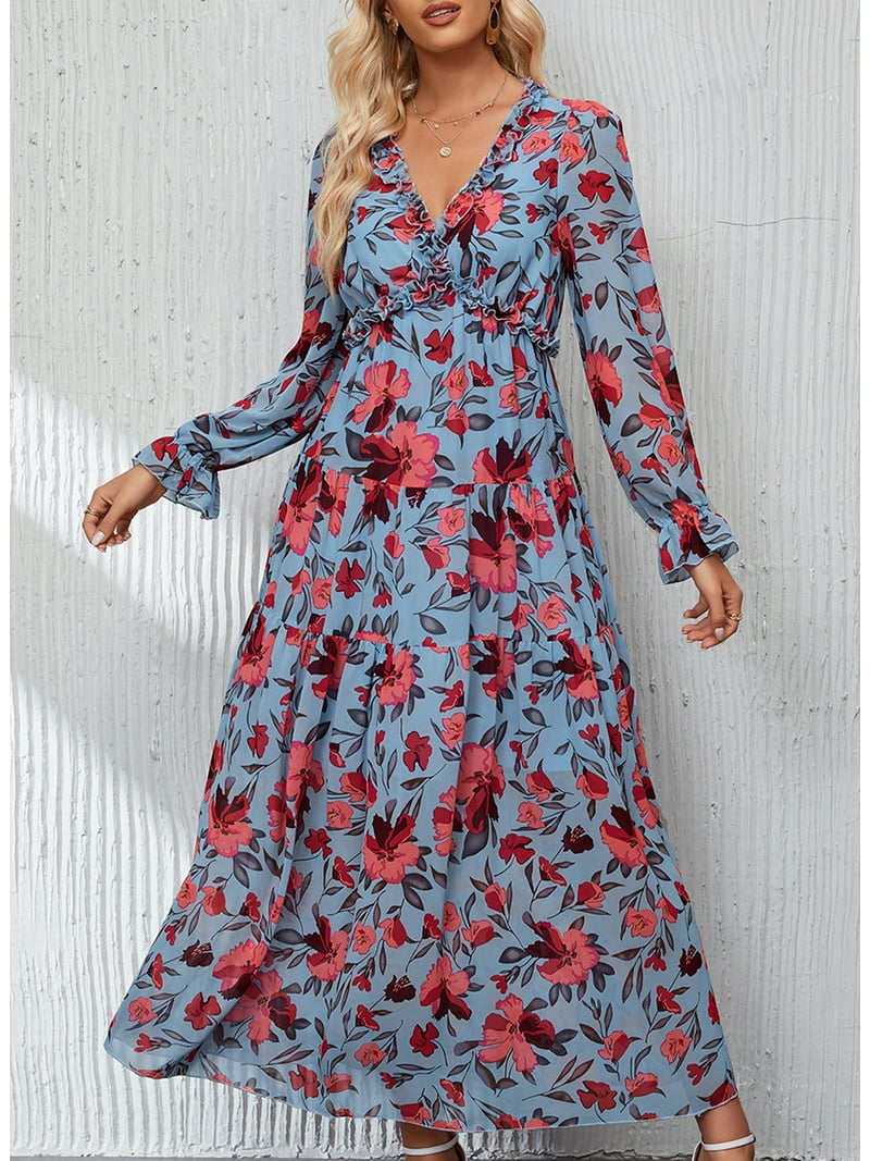 SHEWIN Women's Long Maxi Dresses Deep V Neck Floral Boho