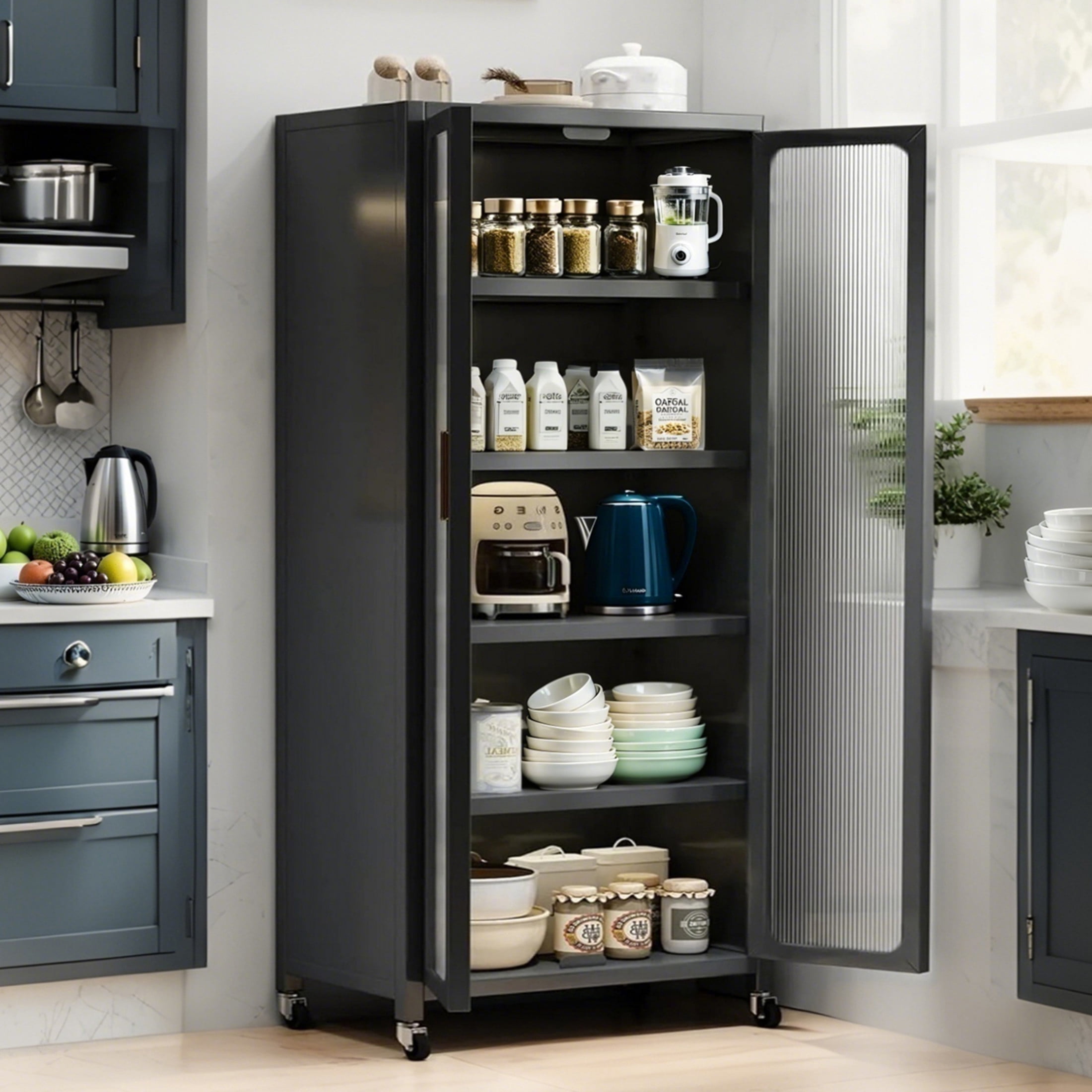 Noble House 65" Metal 6-Tier Pantry Storage Cabinet, Kitchen Organizer with Wheels and Transparent Doors, Gray