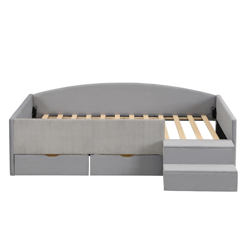 Twin Size Kids Daybed Frame with Small Stair & 2 Storage Drawers, Velvet+Corduroy Dual Upholstered Accent Platform Bed