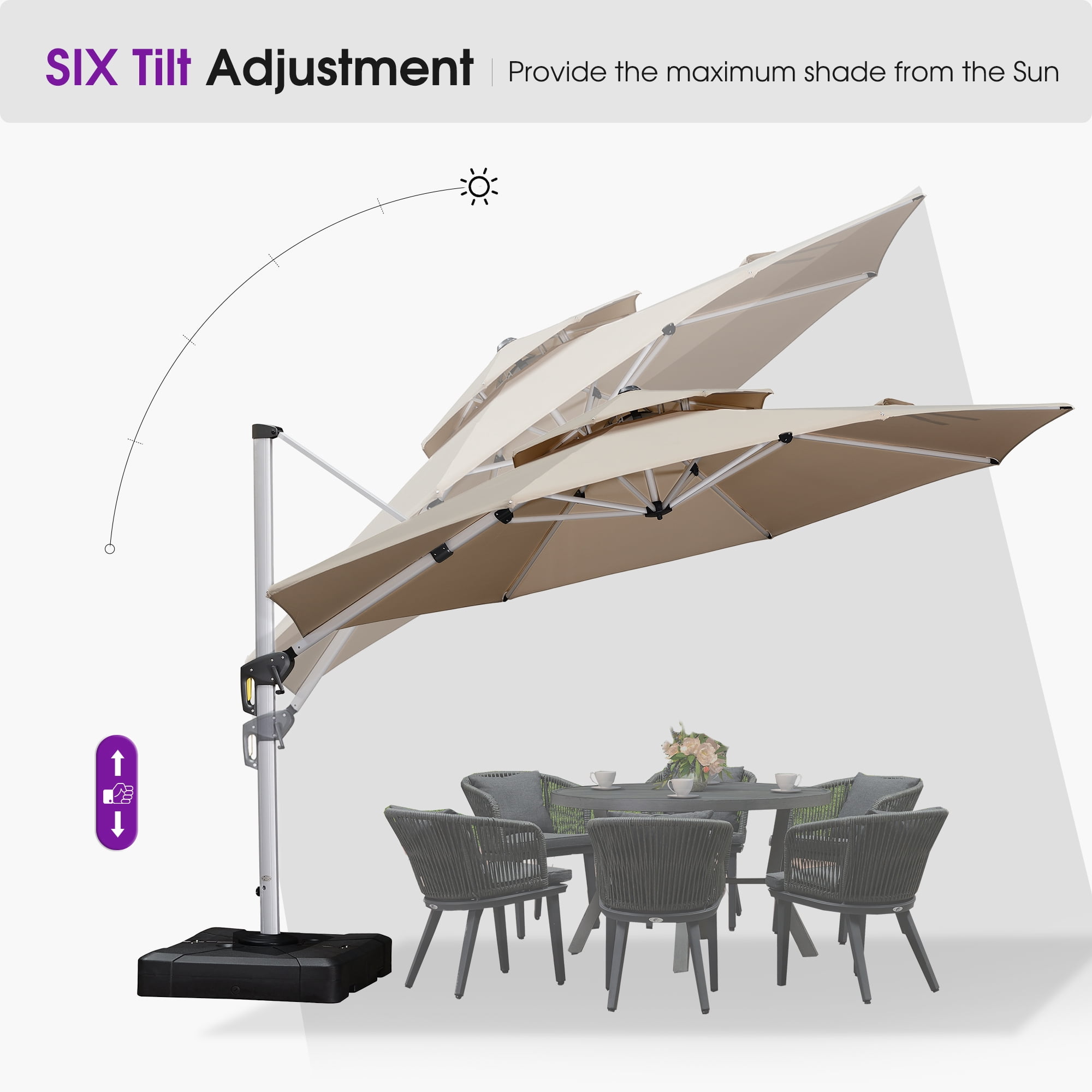 PURPLE LEAF 10FT Deluxe Round Patio Umbrella, Large Offset Cantilever Umbrella with 360° Rotation, Beige
