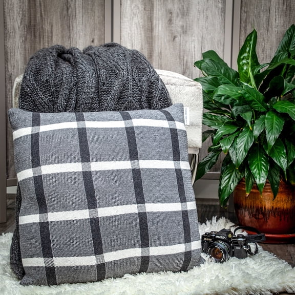 Nassau Collection Knitted Plaid Design Cotton Throw Pillow - 20" - Grey and Black