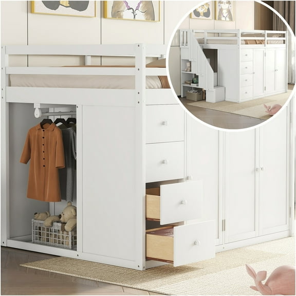 JERFIT Full Wood Loft Bed with Wardrobes and Drawers, White