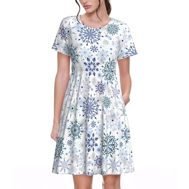 Disketp Retro ice blue snowflakes para Vestido de Manga Corta para Mujeres, Vestidos de Verano para Mujeres, Casual y Holgado para la Playa