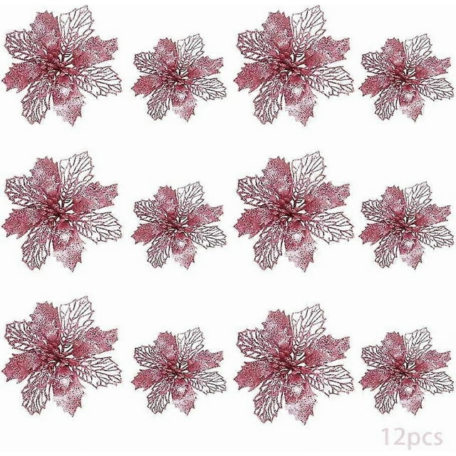 24pcs Christmas Flowers, Christmas Flowers Decoration, Christmas Tree Ornaments Glitter Poinsettia, Glitter Christmas Tree, Artificial Flowers Christm