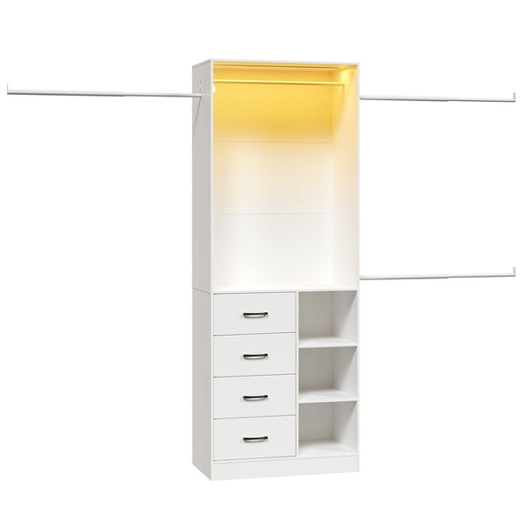 9FT Closet System, Closet Organizer with Extendable Hanging Rods, Walk-in Wardrobe Clothes Rack with LED Light Strip, 4 Drawers & 4 Open Compartments for Bedroom Cloakroom, White WW75DLY01