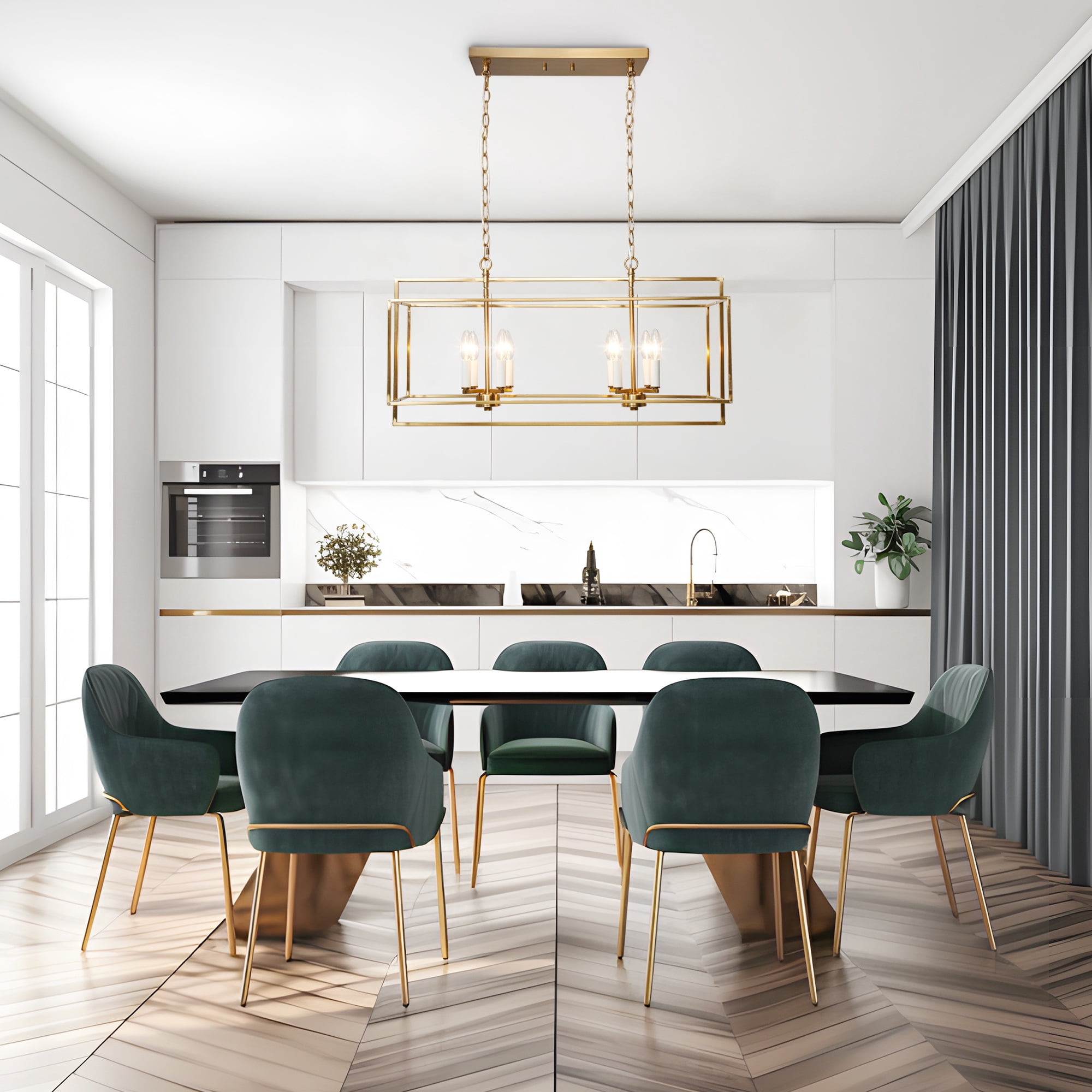 LNC 32-in Gold Rectangular 8-Light Island Chandelier for Kitchen Island & Dining Room