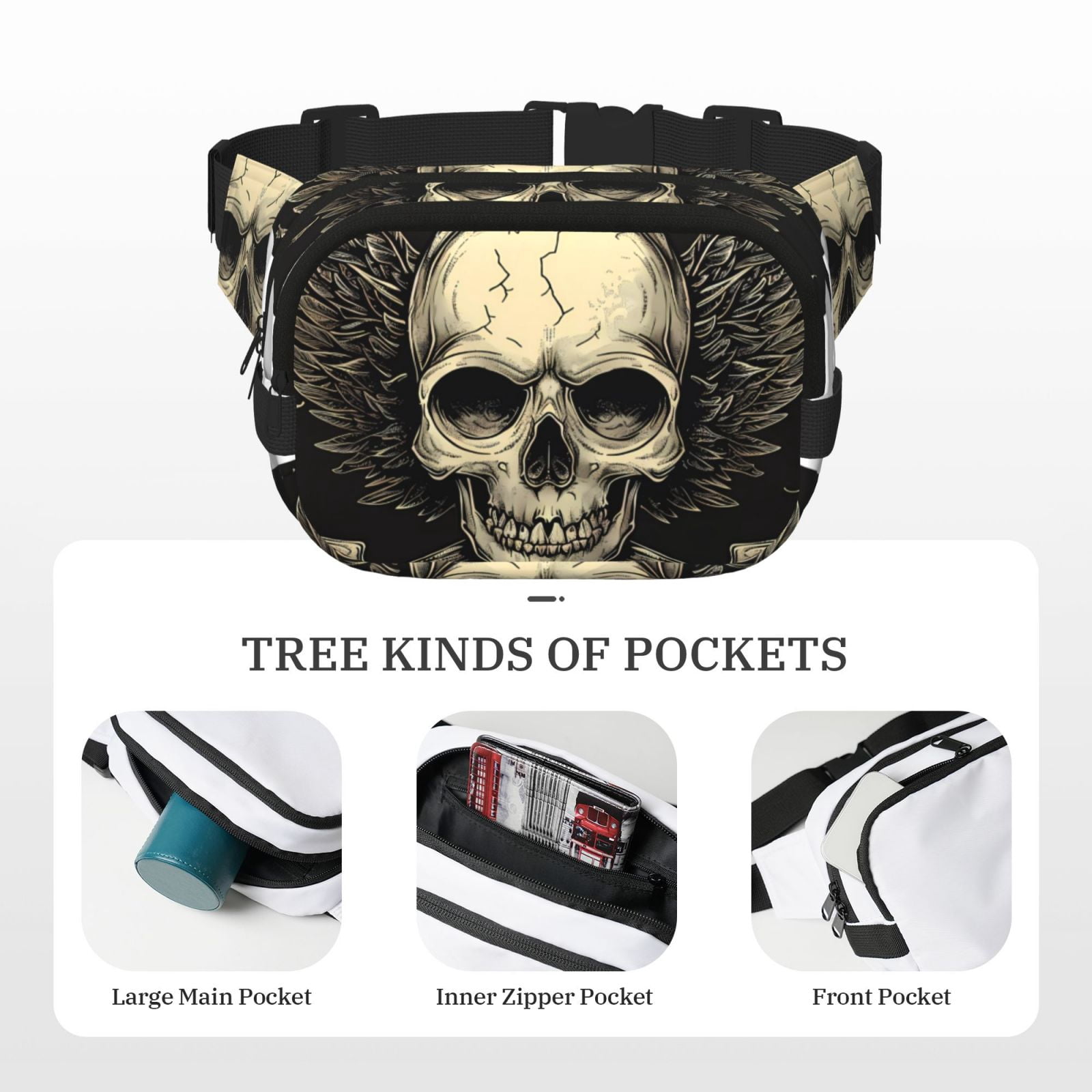 Hirioo Gothic Winged Skull for Double Layer Waist Bag Adjustable Fanny Pack For Travel Running Hiking