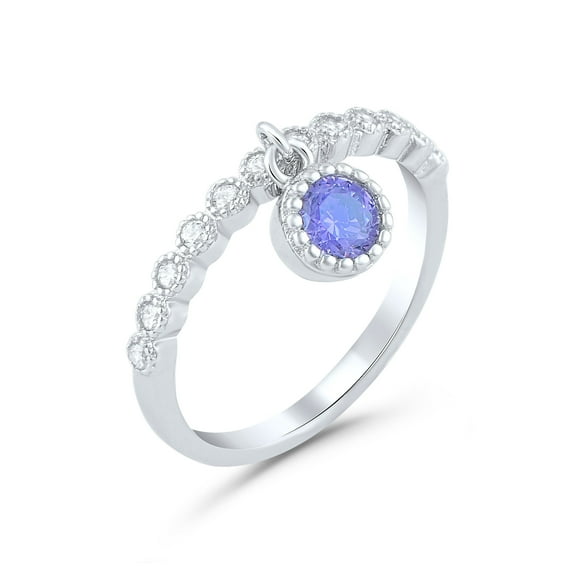 Sterling Silver Thin Stackable Purple Cz Dangling Charm Ring for Women and Teens - Size 4