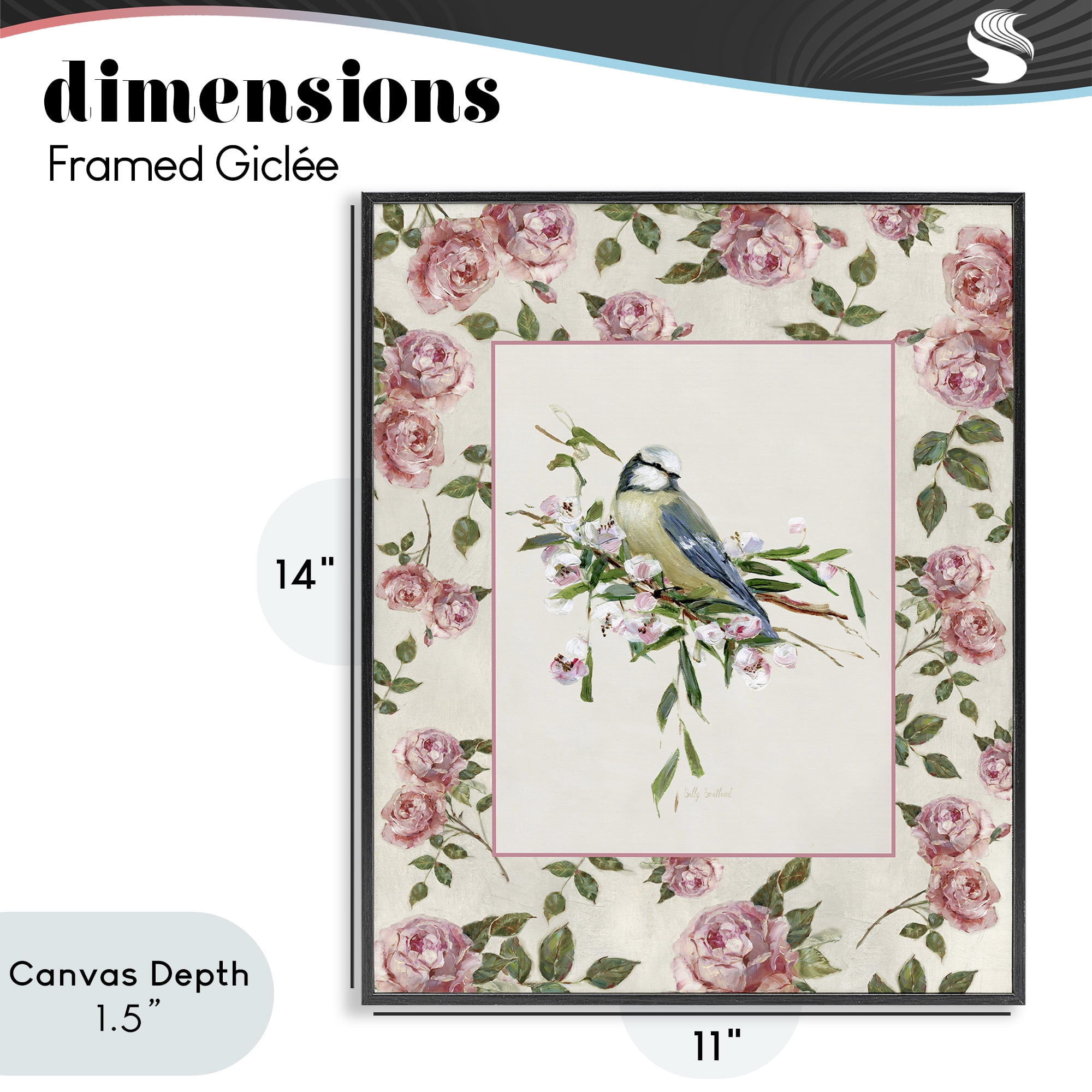Stupell Industries Dainty Roses & Perched Bird Black Framed Giclee Art, design by Sally Swatland