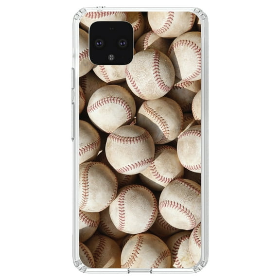 DistinctInk Clear Shockproof Hybrid Case for Google Pixel 4 (5.7" Screen) - TPU Bumper, Acrylic Back, Tempered Glass Screen Protector - Old Baseballs - Show Your Love of Baseball