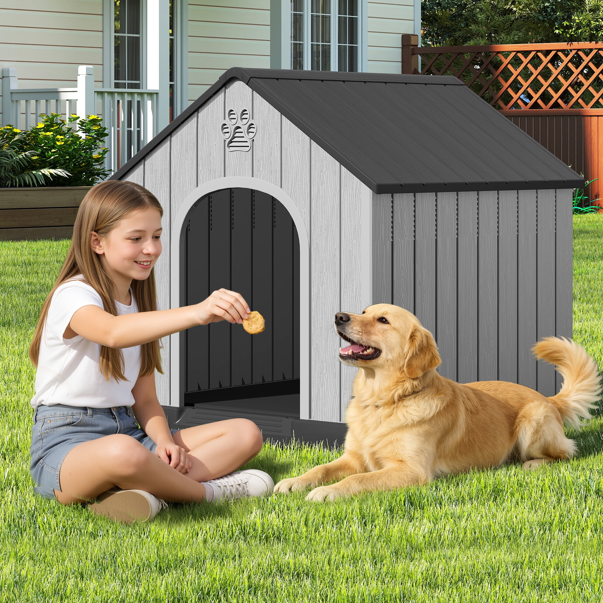 Bifanuo Large Dog House, PP Material Indoor Outdoor with Windows for Medium Large Dogs, Weatherproof Puppy Shelter with Elevated Floor & Air Vents, Easy Clean and Assemble (Black, 36.2"L×38"W×38"H)