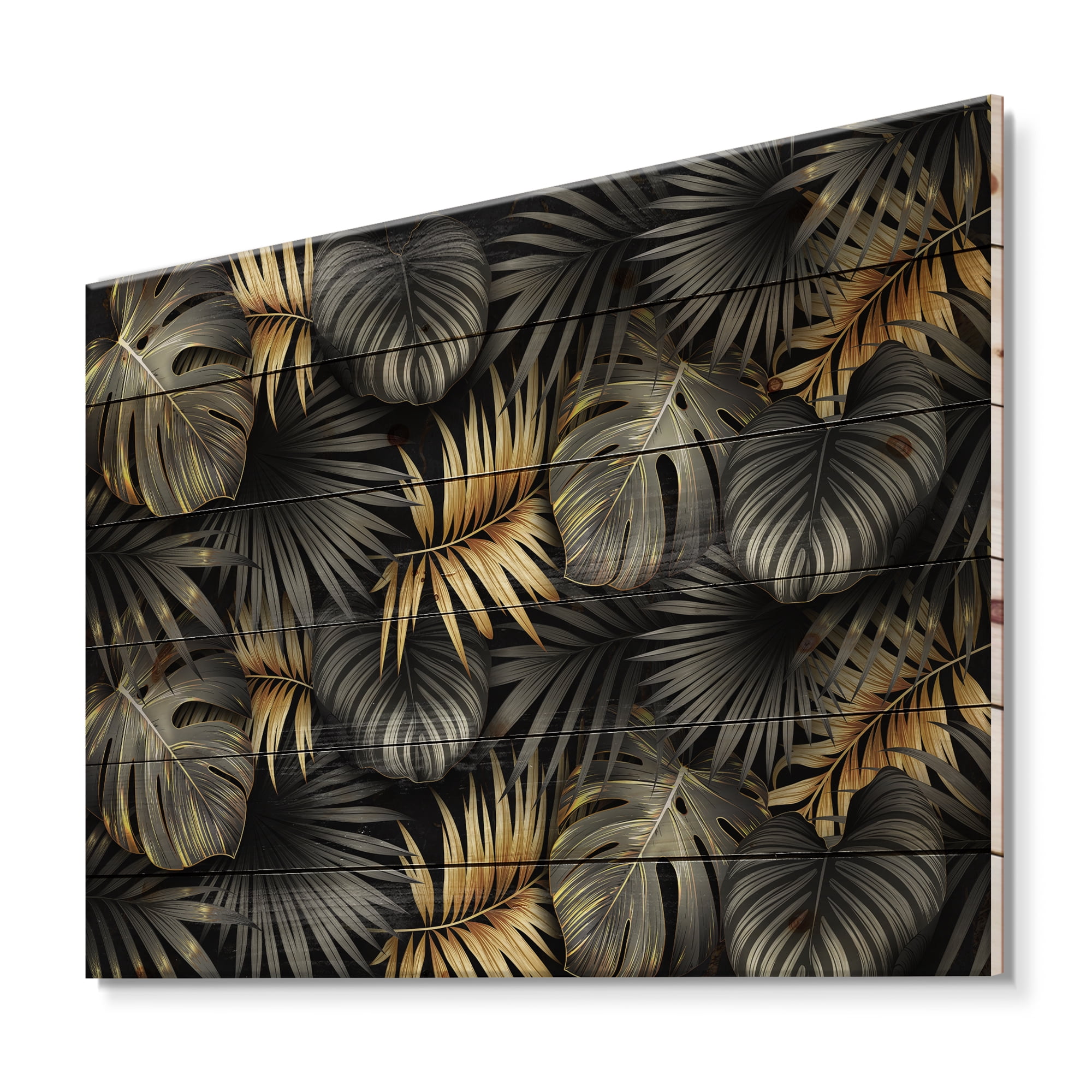 Designart 'Gold and Black Tropical Leaves II' Modern Print on Natural Pine Wood