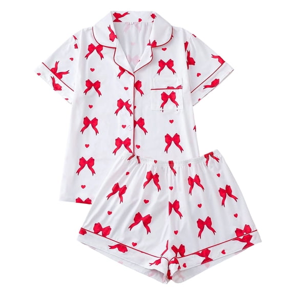 Valentine's Day Women's 2 Piece Pajamas Set Short Sleeve Button Down Shirt and Shorts Cute Print Sleepwear Pjs Sets S-XXL