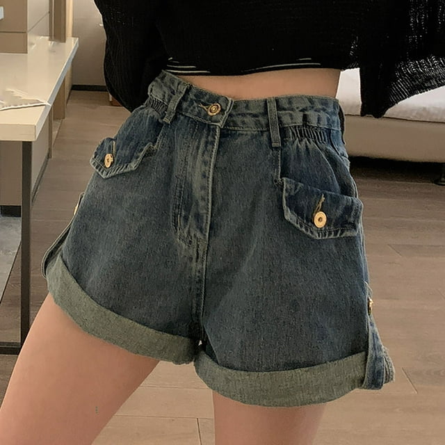 mfyjkho Pantalones Cortos Vaqueros Rectos Elásticos De Color Liso Para Mujer, De Primavera Y Verano, Para Bailar, Con Cintura Cruzada, Versátiles, Para Lucir En Las Piernas. Xs