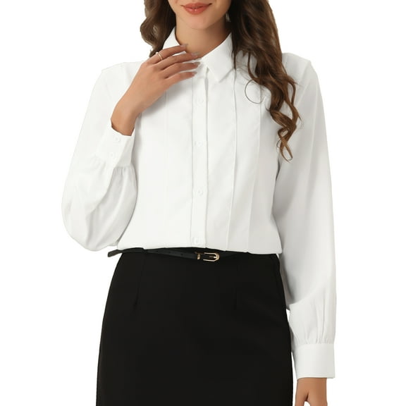 INSPIRE CHIC Women's Collared Pleated Shirt Long Sleeve Dressy Office Work Blouse XS White