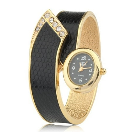 Alloy Black Case Bracelet Dial Modern Gold Fashion Women Quartz Watch Bangle Crystals Wrist Watch