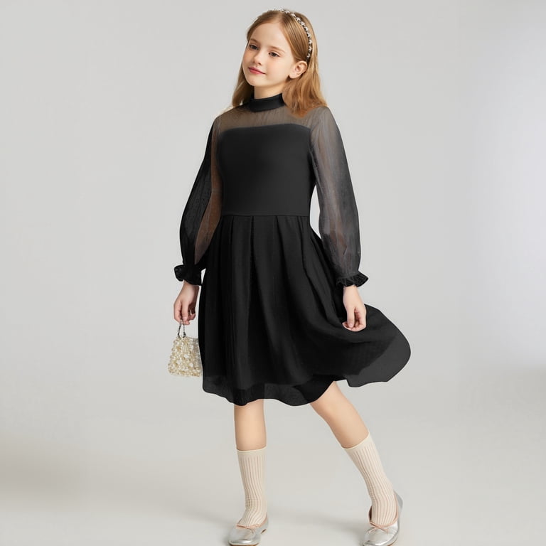 Ulitacool Girl Dress Long Sleeve Sundress Round Neck Color Contrast Mesh  Dresses Casual Playsuit Black 16 Years - Walmart.com