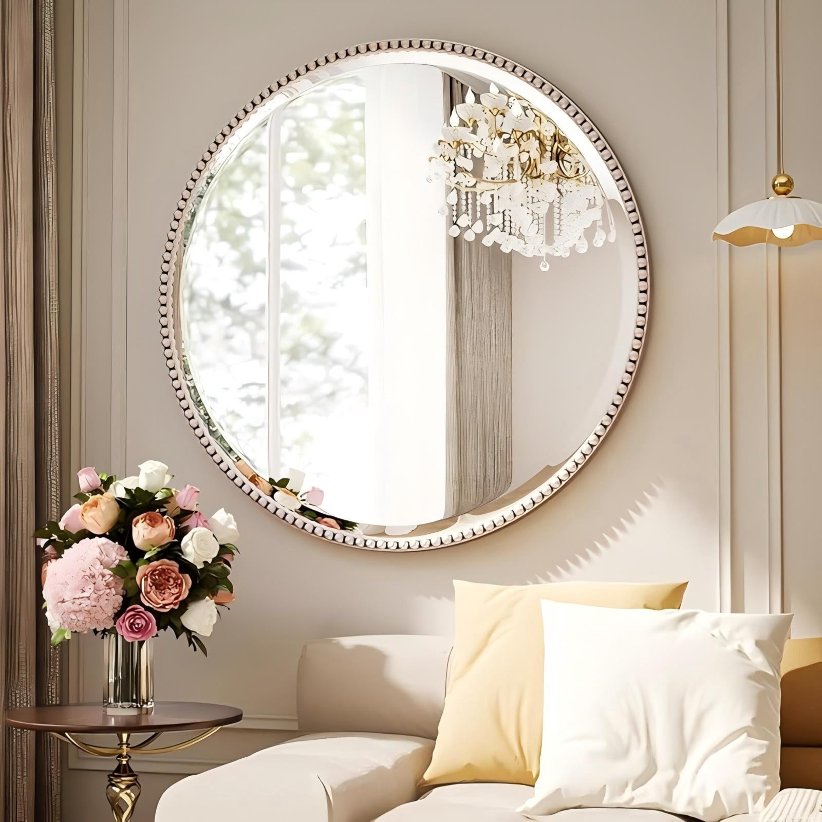 Mirrasia 24" Round Wall Mirror Decoration Hanging Mirror With Beaded Frame,Silver